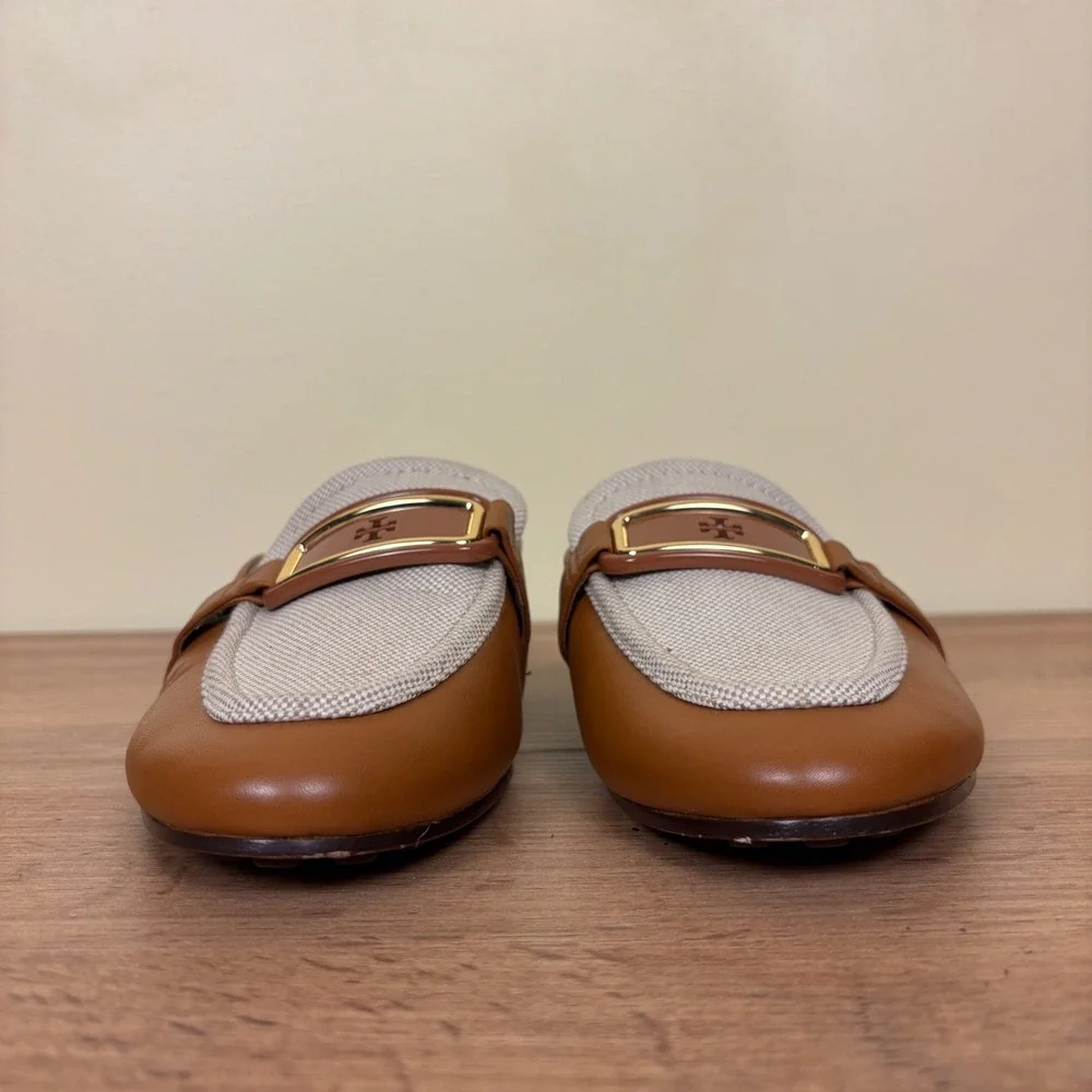TORY BURCH Georgia Backless Loafer Mule Tan Ivory Women Size 8.5 Leather Woven